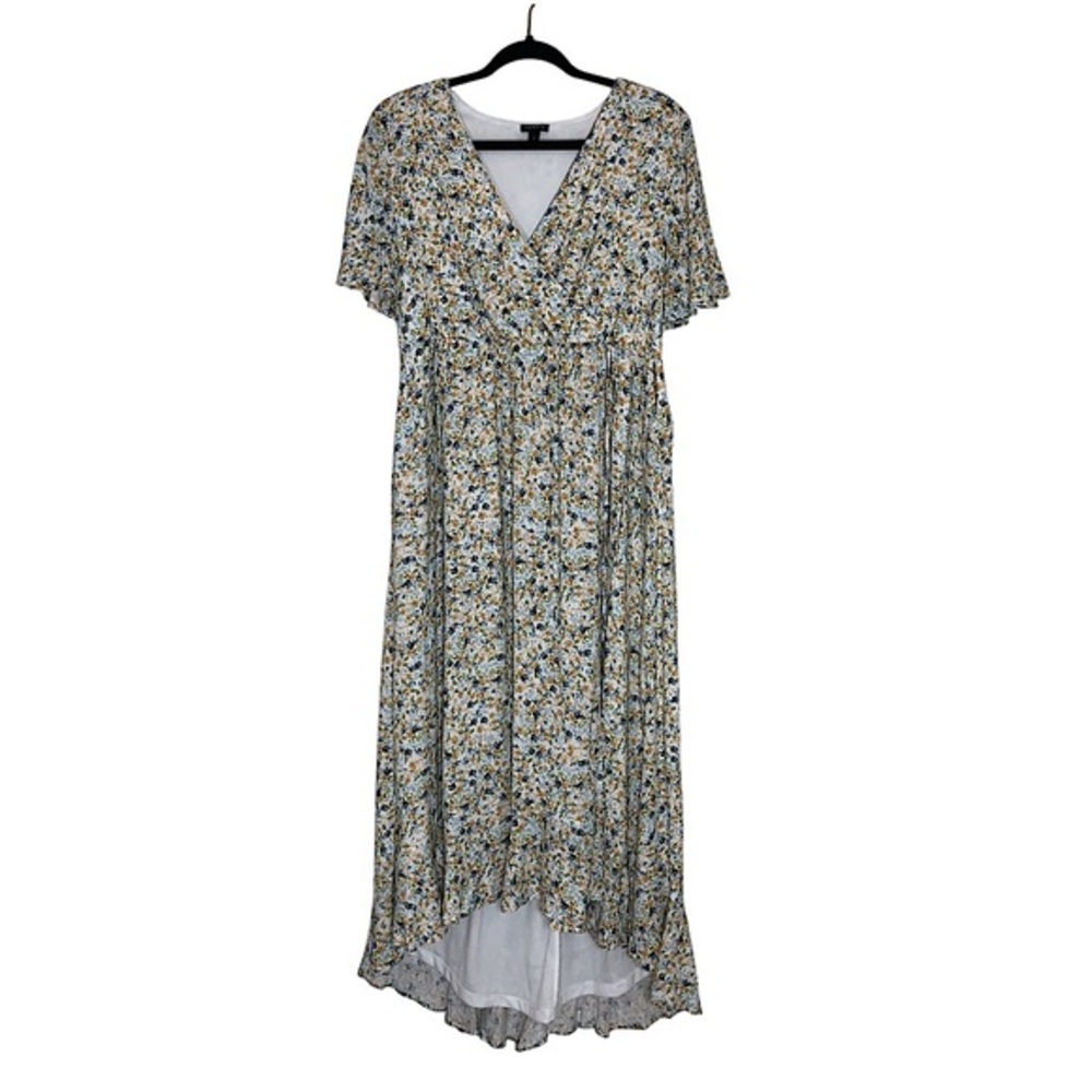 Torrid Rayon White Tan Blue Floral Pocket Elastic Waist Faux Wrap Maxi Dress 0/L